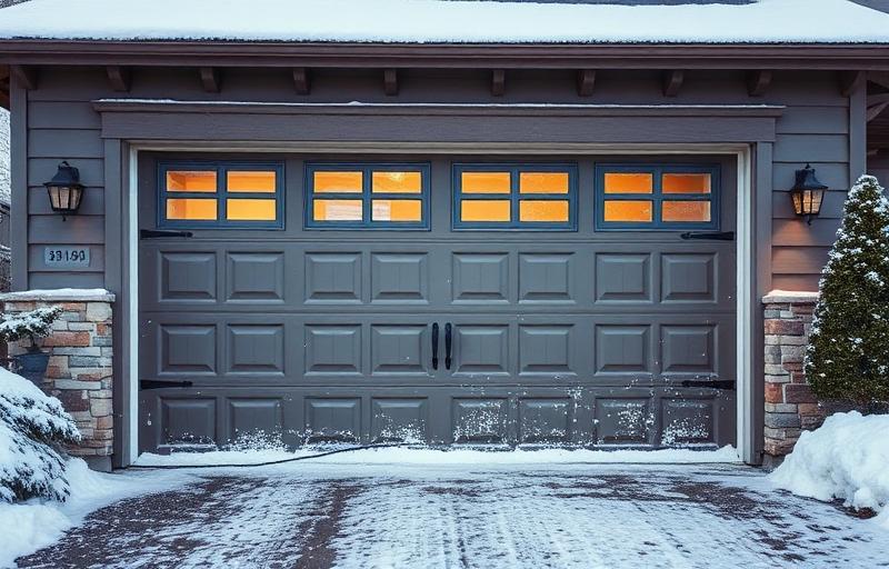 Frost-covered garage door on winter morning requiring cold weather maintenance